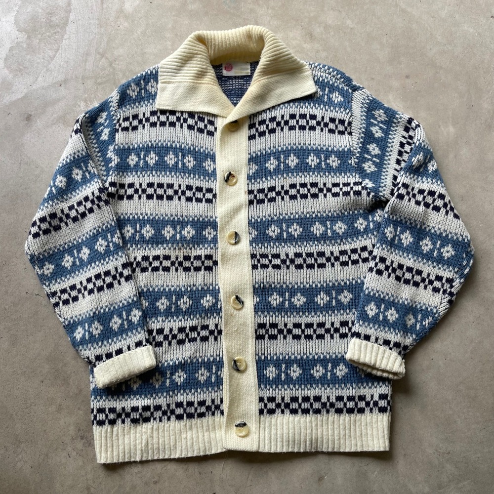 Vintage Kings Road Sears Men Blue White Fair Isle Shawl Collar Cardigan Sweater